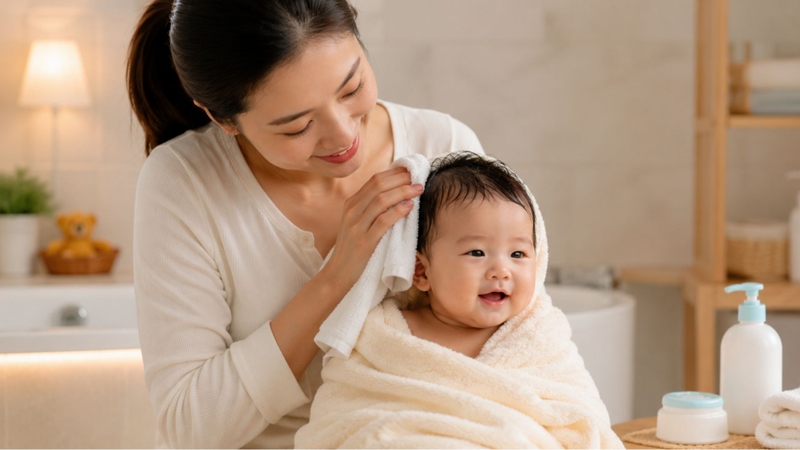 Lau khô tóc và giữ ấm cơ thể là bước chăm sóc rất quan trọng