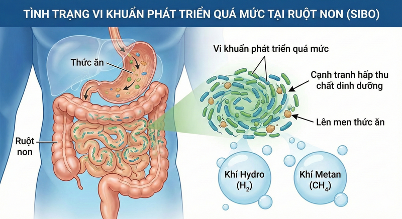 Vi khuẩn phát triển quá mức ở ruột non, tạo khí Hydro và Methan gây xì hơi nhiều