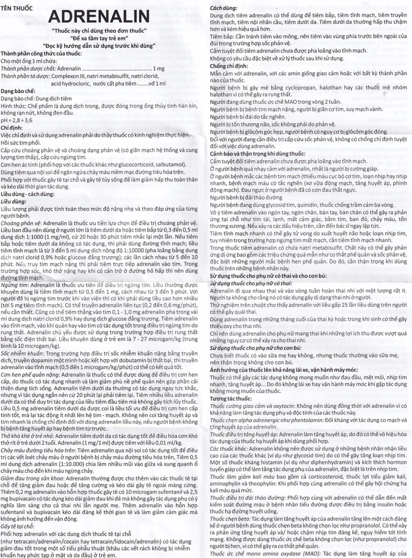 Thuốc tiêm Adrenalin 1mg/1ml: Liều dùng và công dụng
