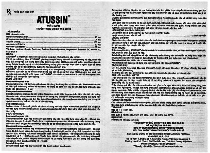 Thuốc Atussin trị chứng ho do bệnh lý hô hấp (25 vỉ x 4 viên)