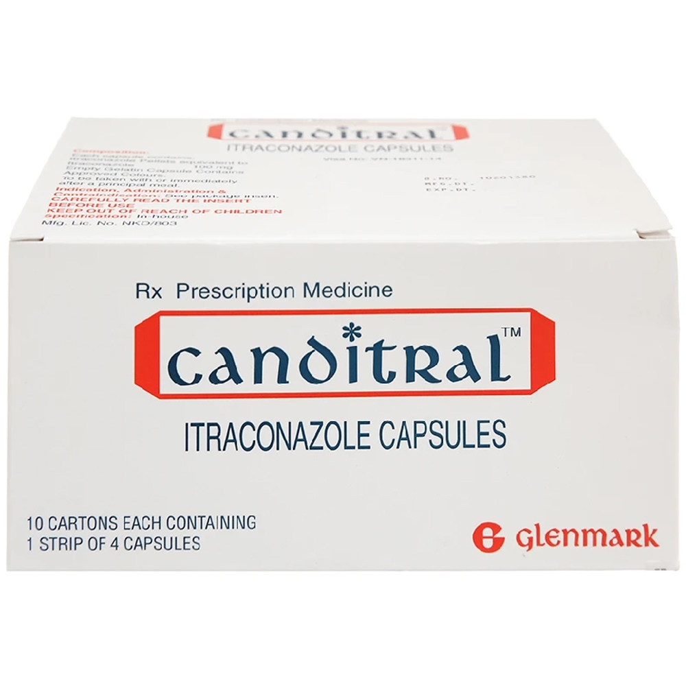 Hình ảnh Thuốc Canditral 100mg Glenmark điều trị nấm Candida, lang beng, nấm móng, nấm chân tay (10 hộp nhỏ x 4 viên)