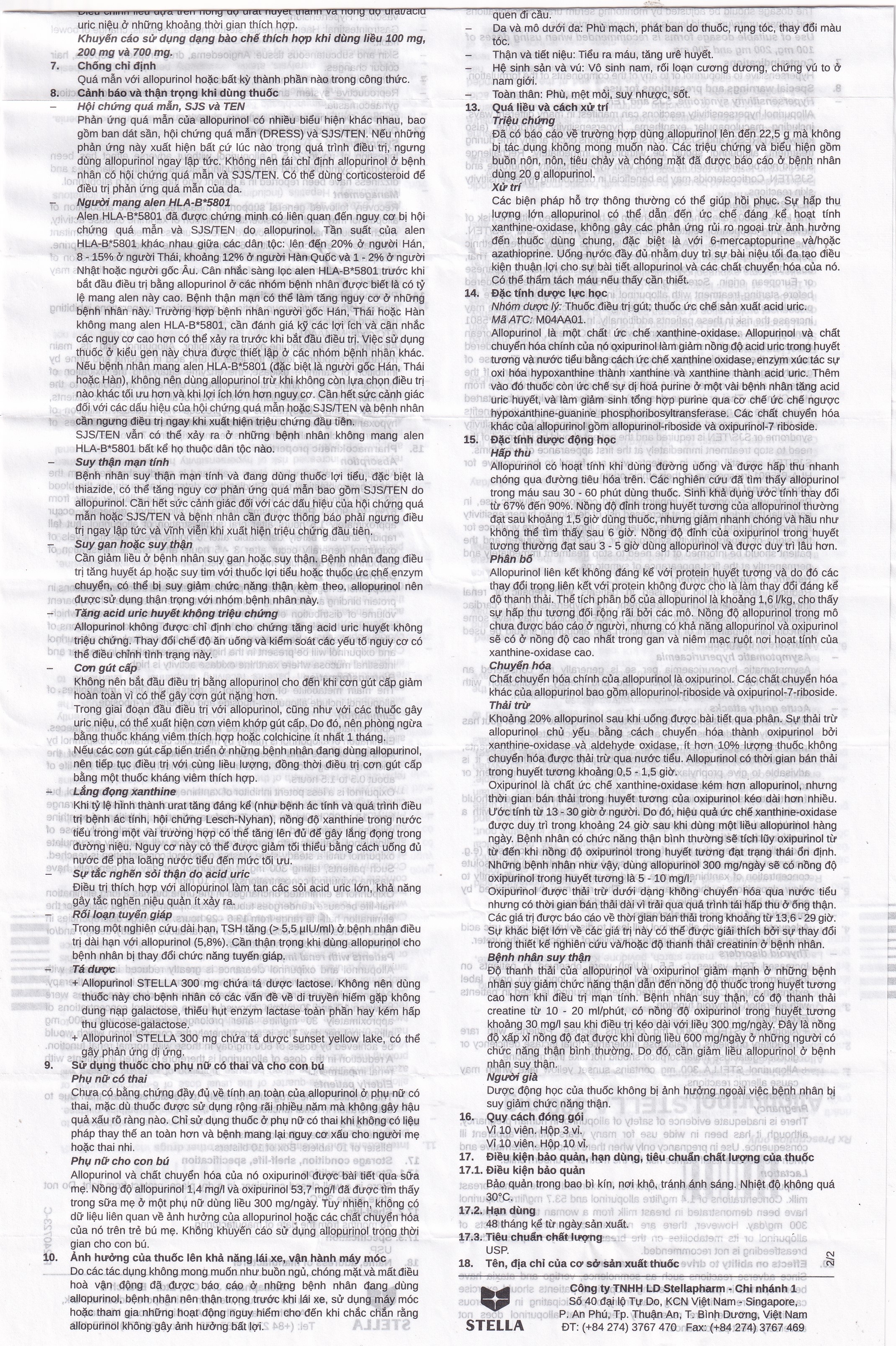 Hình ảnh Thuốc Allopurinol 300mg Stella Pharm giảm sự hình thành acid uric, điều trị bệnh gout (10 vỉ x 10 viên)