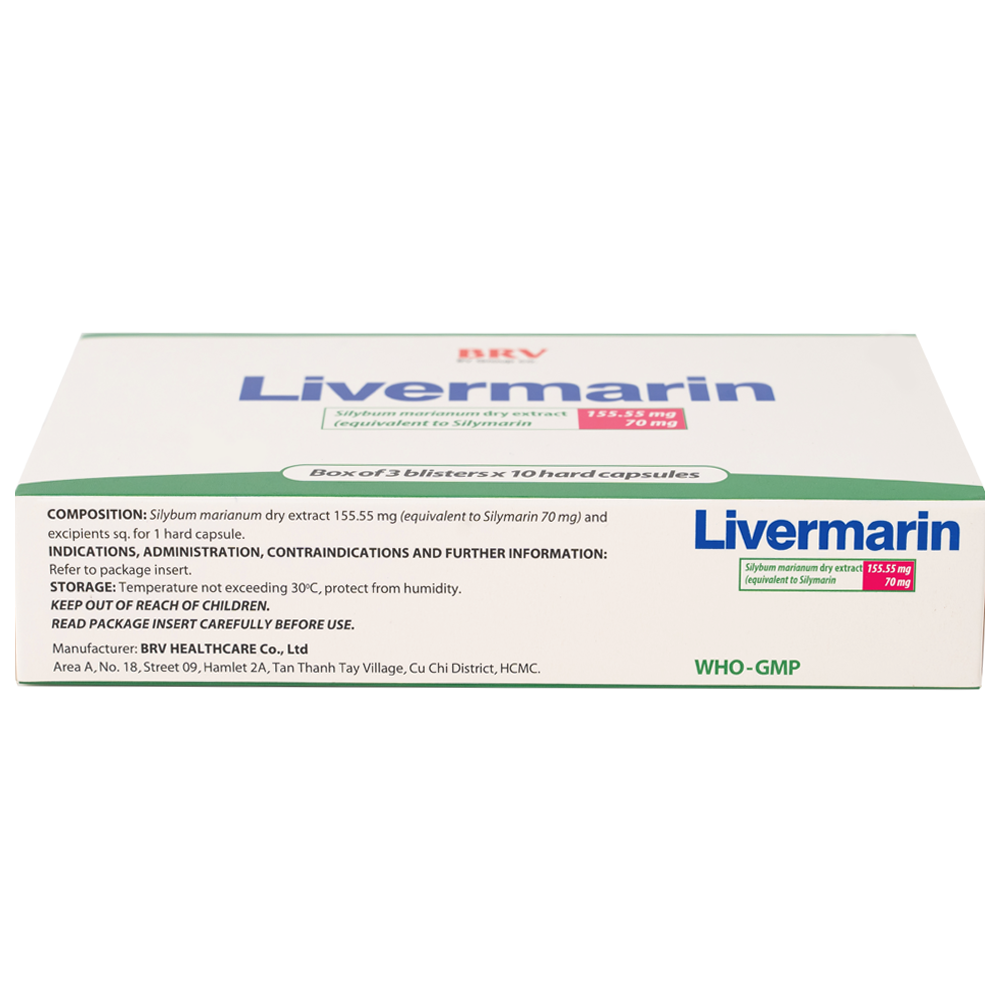 Hình ảnh Thuốc Livermarin 70mg Brv điều trị rối loạn tiêu hoá, viêm gan cấp và mãn tính (3 vỉ x 10 viên)