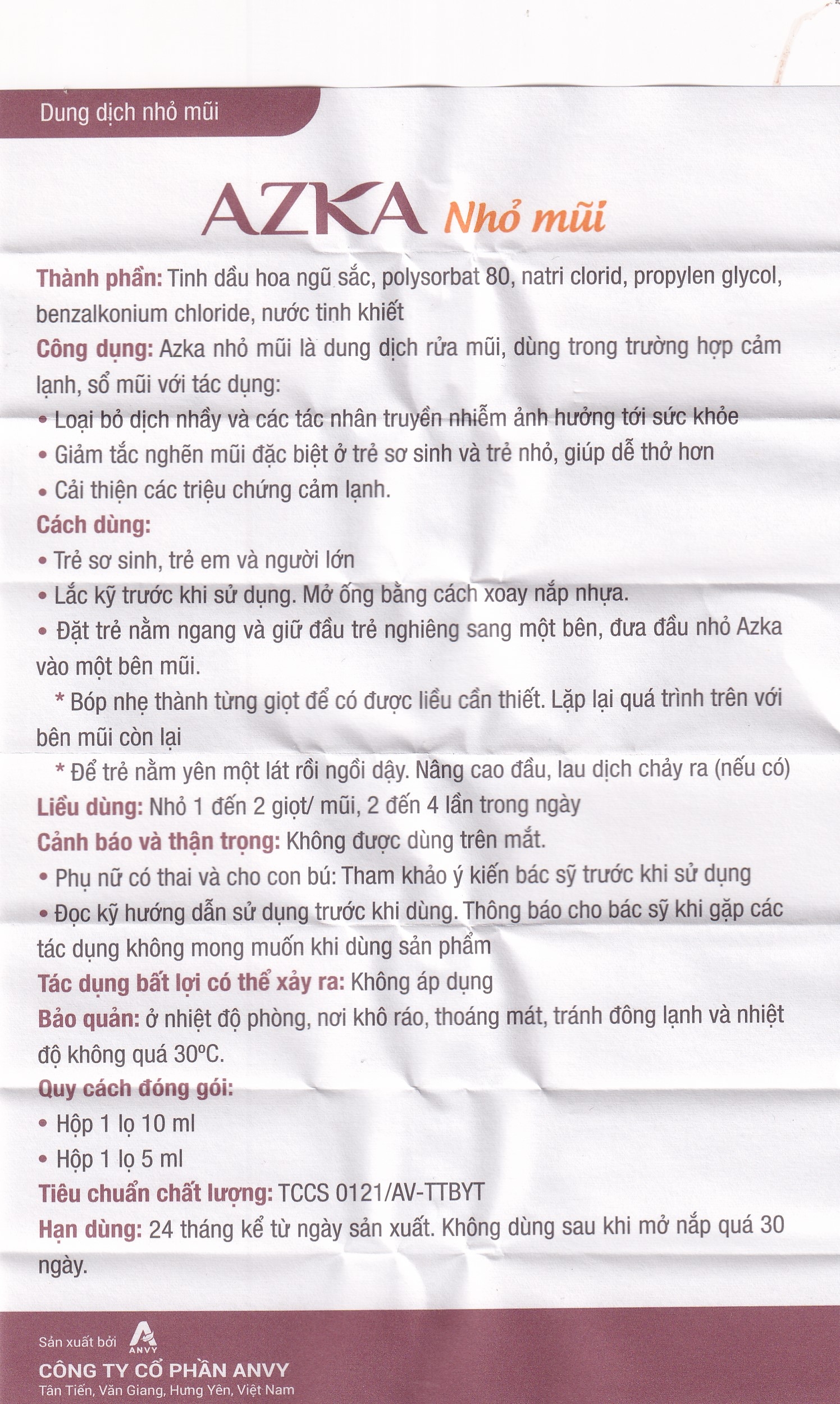 Hình ảnh Dung dịch nhỏ mũi Azka 10ml Anvy dùng trong cảm lạnh, sổ mũi, loại bỏ dịch nhầy