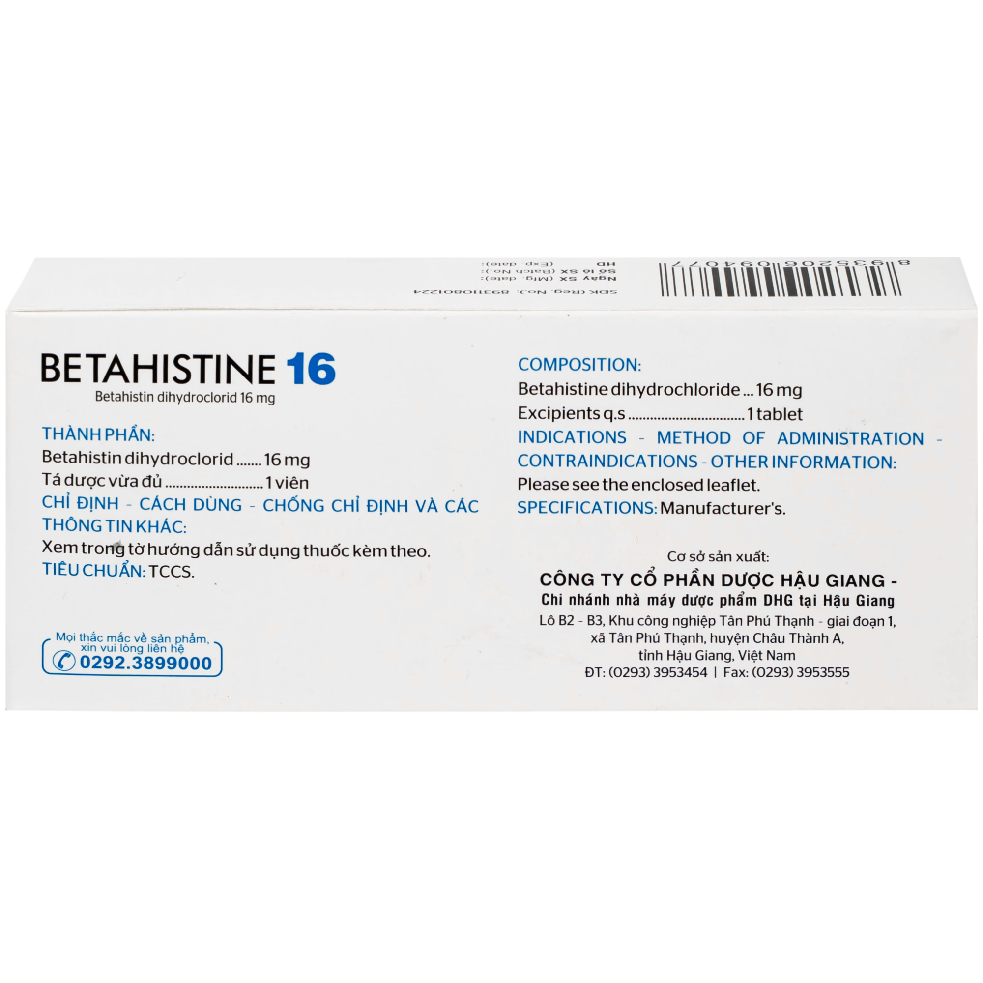 Hình ảnh Thuốc Betahistine 16mg Dhg Pharma Chỉ định dùng để trị chóng mặt (3 vỉ x 10 viên)