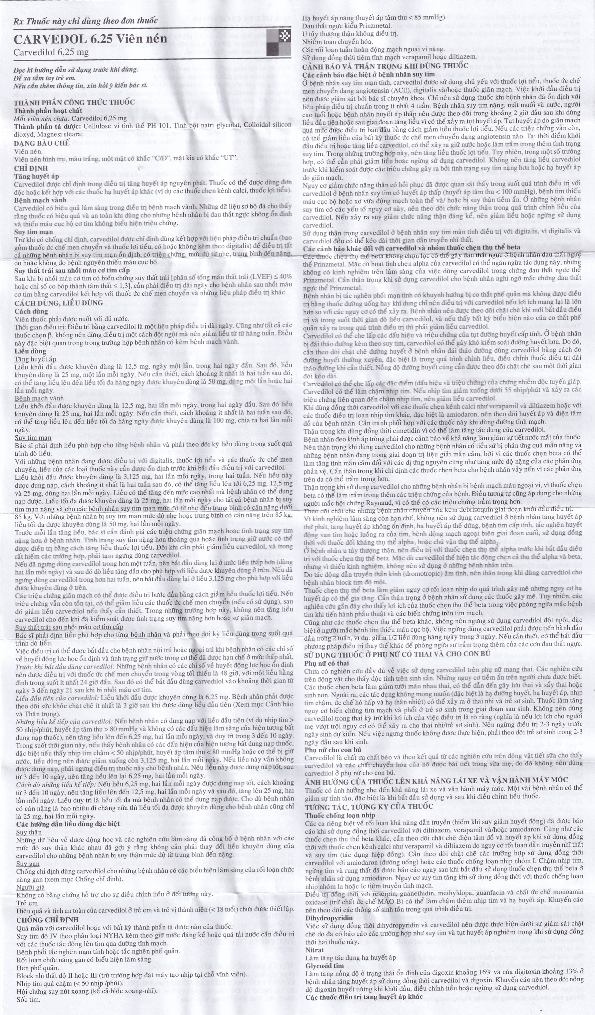 Hình ảnh Thuốc Carvedol 6.25 United điều trị tăng huyết áp, bệnh mạch vành (10 vỉ x 10 viên)