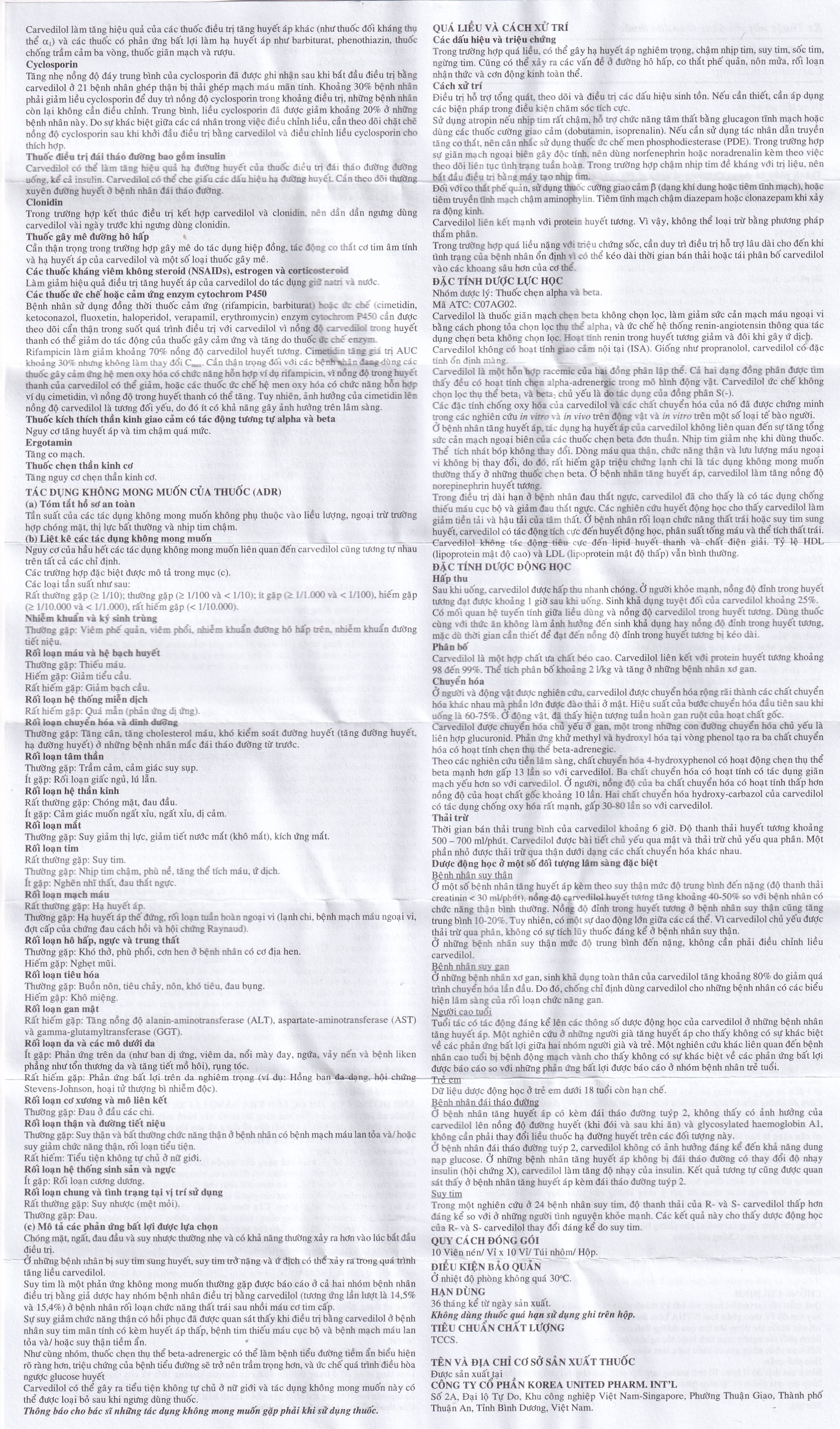 Hình ảnh Thuốc Carvedol 6.25 United điều trị tăng huyết áp, bệnh mạch vành (10 vỉ x 10 viên)
