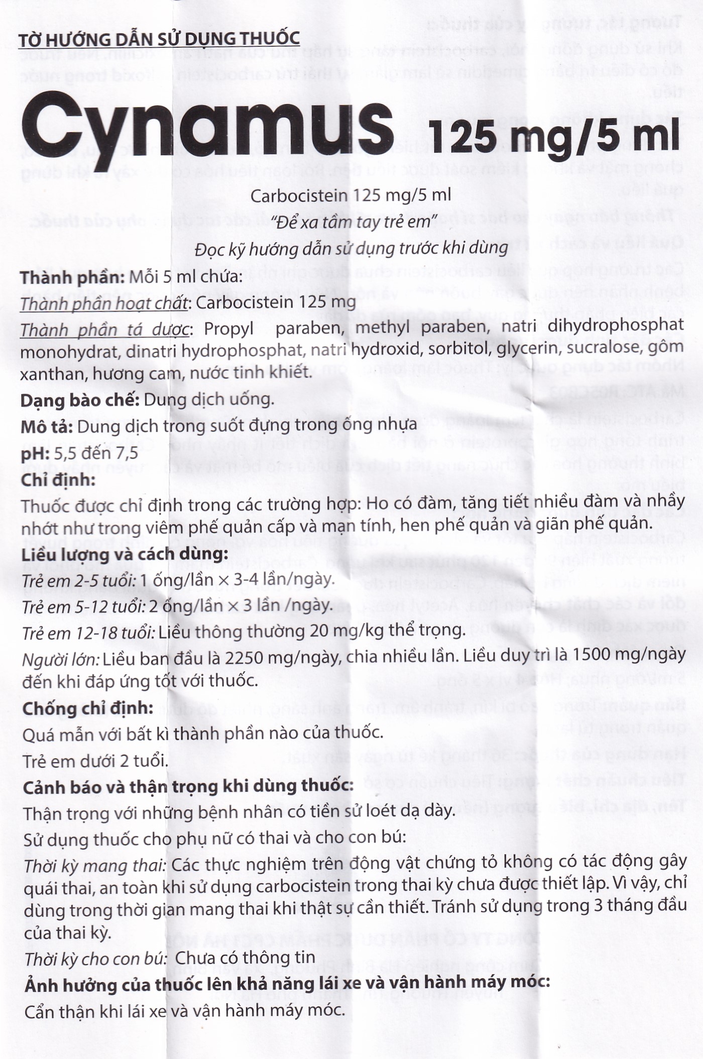 Hình ảnh Dung dịch uống Cynamus 125mg/5ml CPC1HN dùng khi ho có đàm, tăng tiết nhiều đàm (4 vỉ x 5 ống)