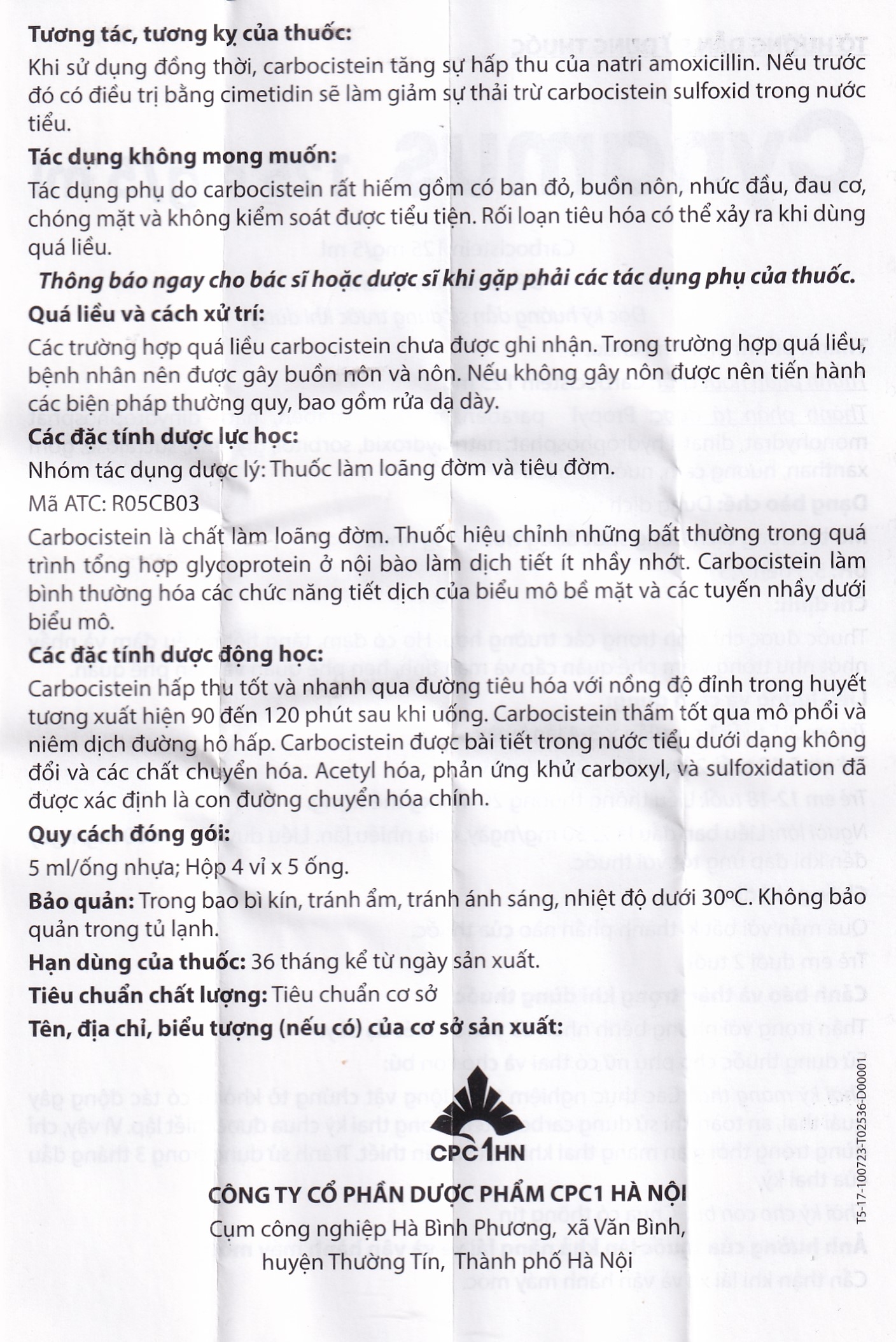 Hình ảnh Dung dịch uống Cynamus 125mg/5ml CPC1HN dùng khi ho có đàm, tăng tiết nhiều đàm (4 vỉ x 5 ống)