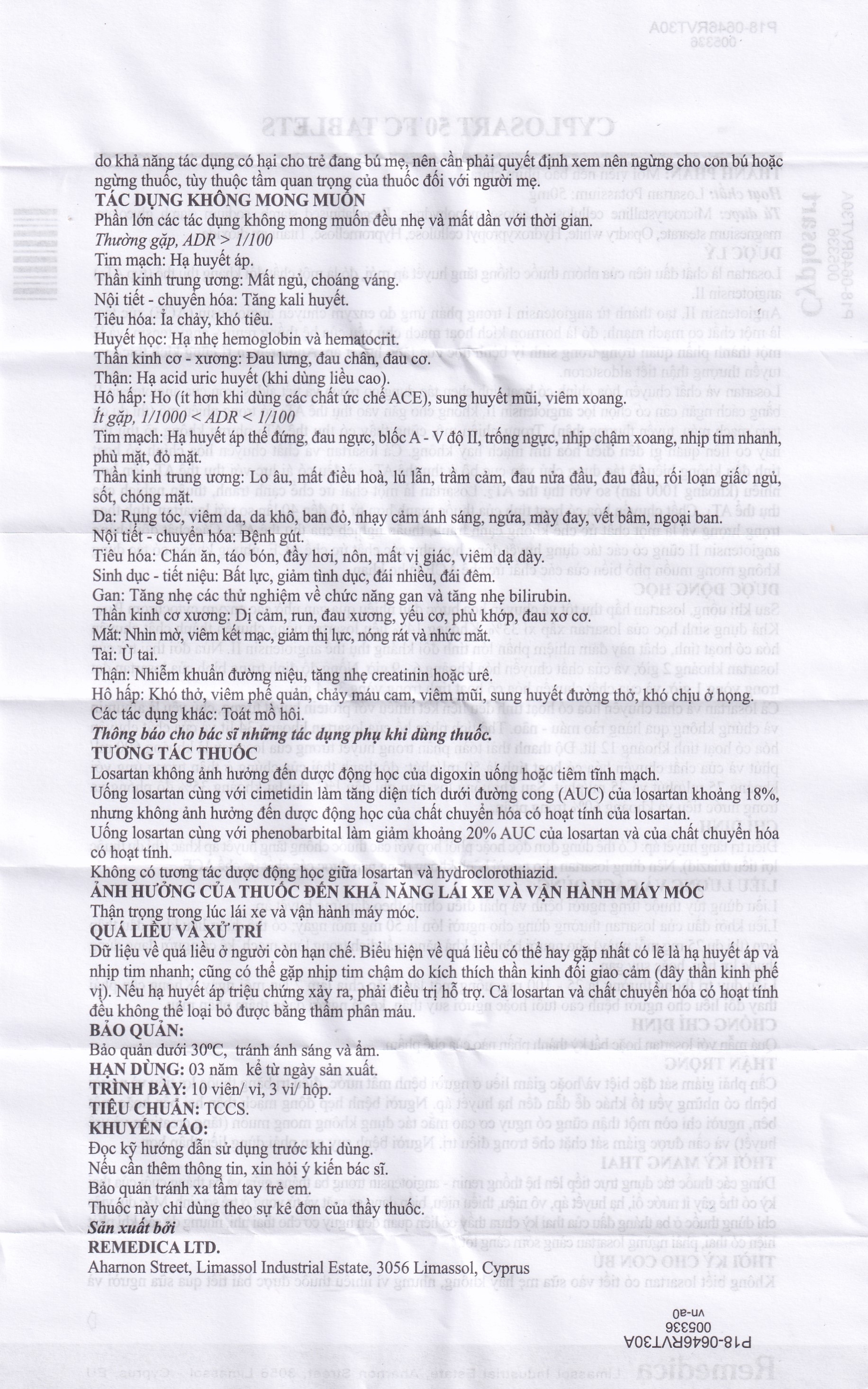Hình ảnh Thuốc Cyplosart 50 Remedica điều trị tăng huyết áp (3 vỉ x 10 viên)