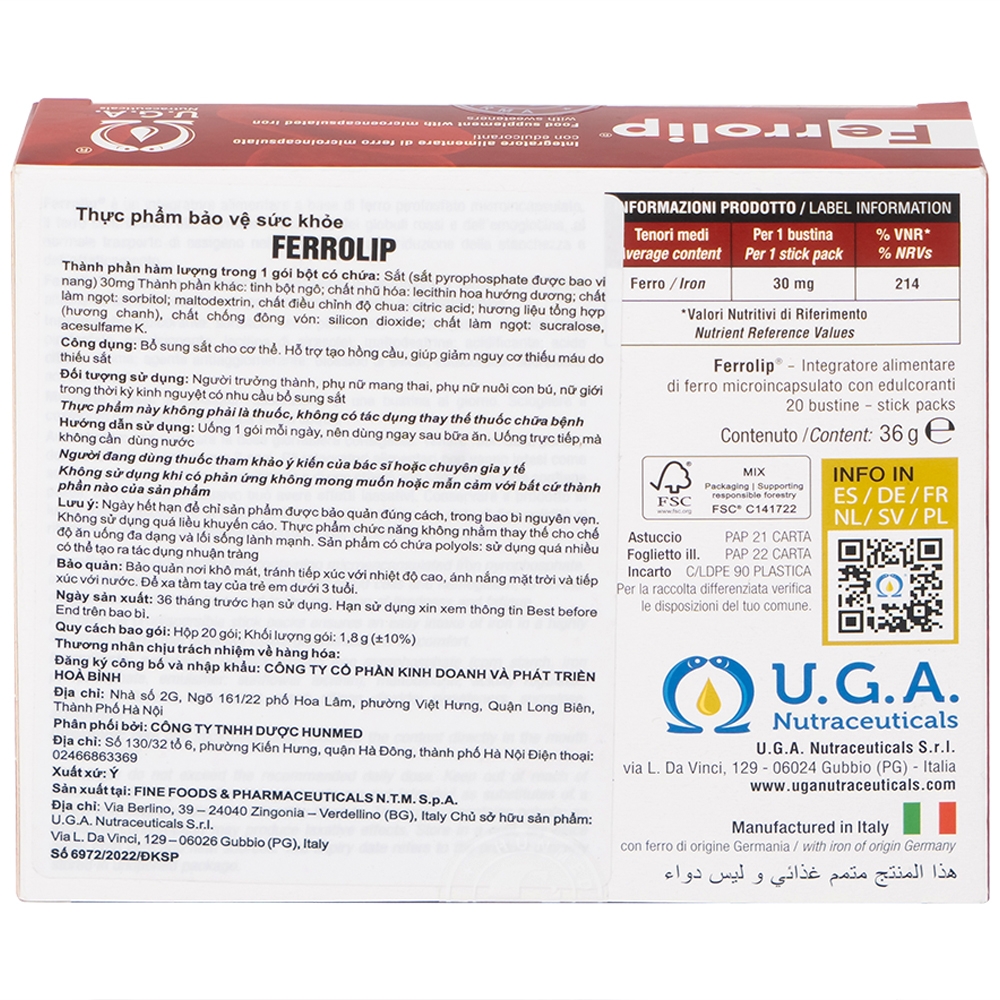 Hình ảnh Sắt Ferrolip Uga hỗ trợ tạo hồng cầu, giúp giảm nguy cơ thiếu máu do thiếu sắt (20 gói)