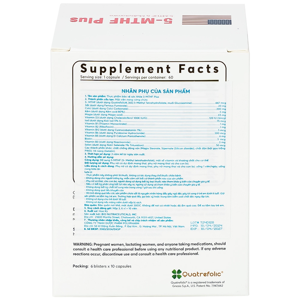 Hình ảnh Viên uống 5-MTHF Plus Quatrefolic bổ sung một số vitamin và khoáng chất cho cơ thể (6 vỉ x 10 viên)