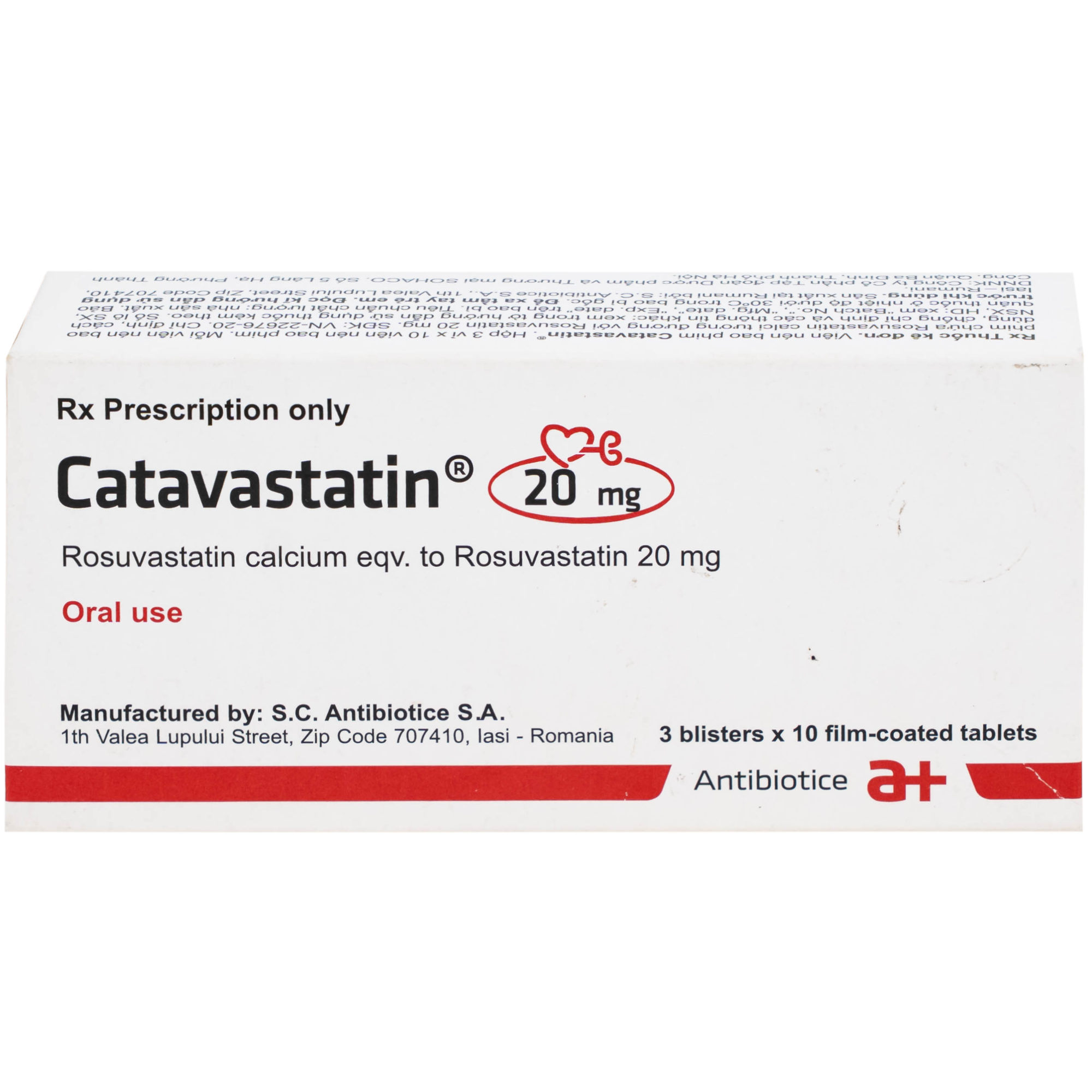Hình ảnh Thuốc Catavastatin 20mg Antibiotice điều trị tăng cholesterol máu và phòng ngừa biến cố tim mạch (3 vỉ x 10 viên)