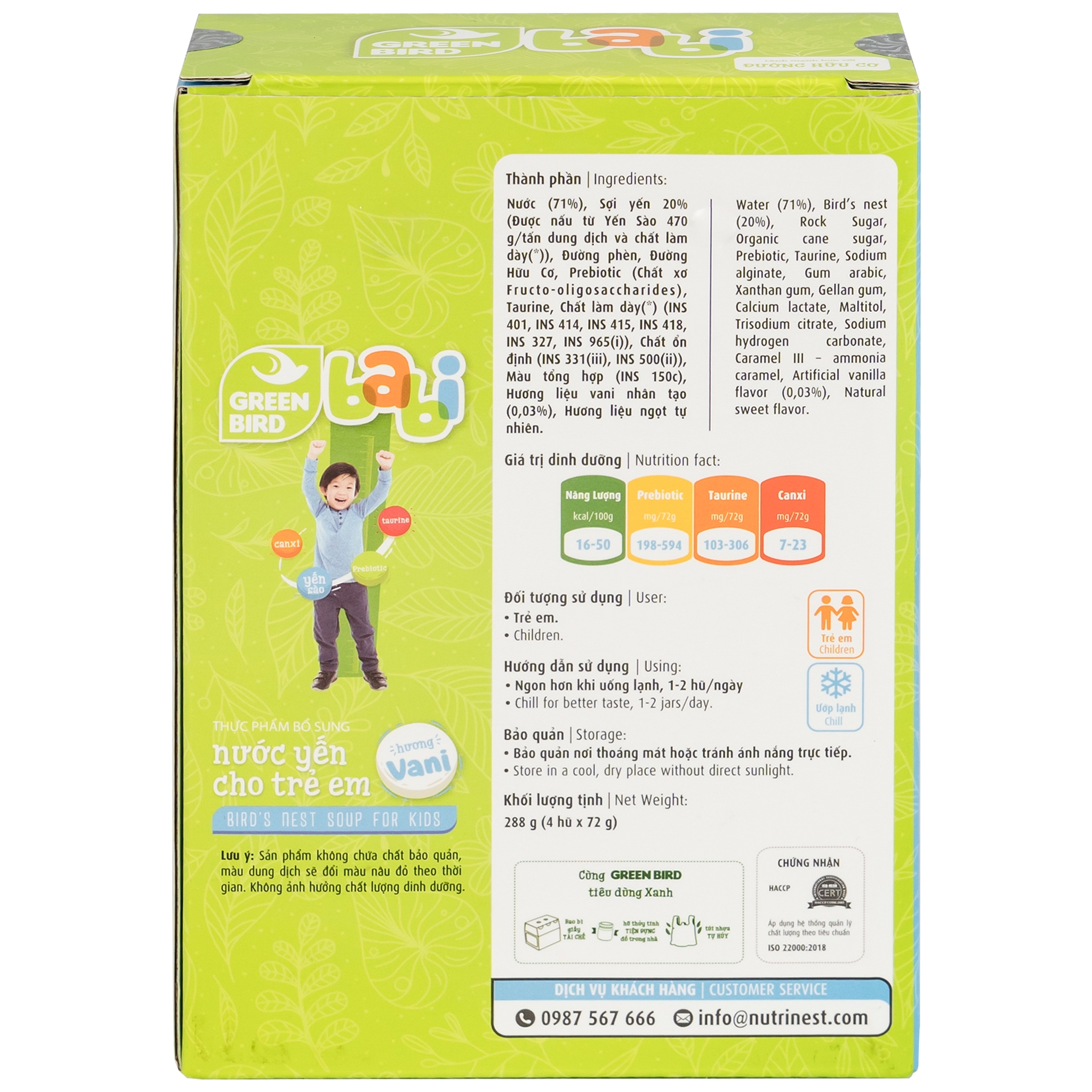 Hình ảnh Nước Yến Sào Green Bird Babi hương vani giúp tăng cường đề kháng và hệ miễn dịch (4 hũ x 72g)