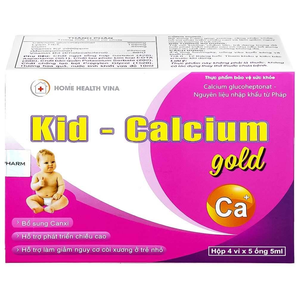 Hình ảnh Dung dịch uống Kid-Calcium Gold 5ml Home Health Vina bổ sung calci giúp xương, răng chắc khỏe (4 vỉ x 5 ống)