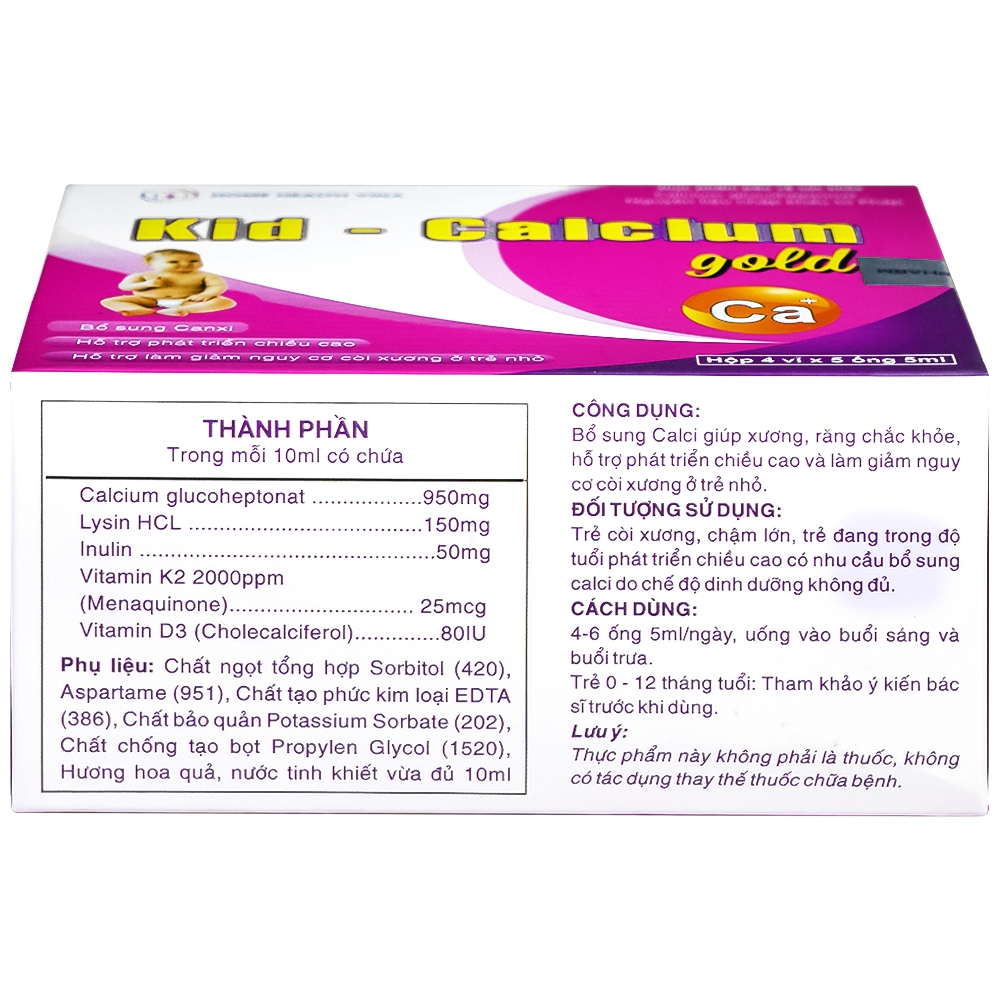 Hình ảnh Dung dịch uống Kid-Calcium Gold 5ml Home Health Vina bổ sung calci giúp xương, răng chắc khỏe (4 vỉ x 5 ống)