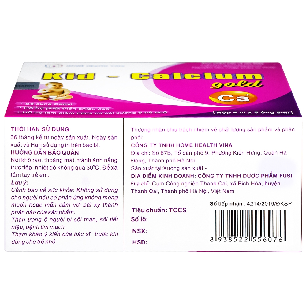 Hình ảnh Dung dịch uống Kid-Calcium Gold 5ml Home Health Vina bổ sung calci giúp xương, răng chắc khỏe (4 vỉ x 5 ống)