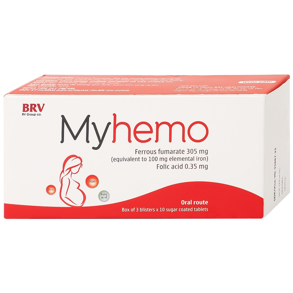 Hình ảnh Thuốc Myhemo BRV điều trị dự phòng thiếu sắt và folic acid trong khi mang thai (3 vỉ x 10 viên)