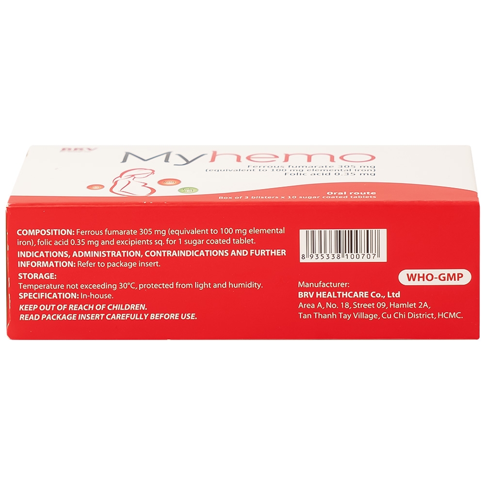 Hình ảnh Thuốc Myhemo BRV điều trị dự phòng thiếu sắt và folic acid trong khi mang thai (3 vỉ x 10 viên)