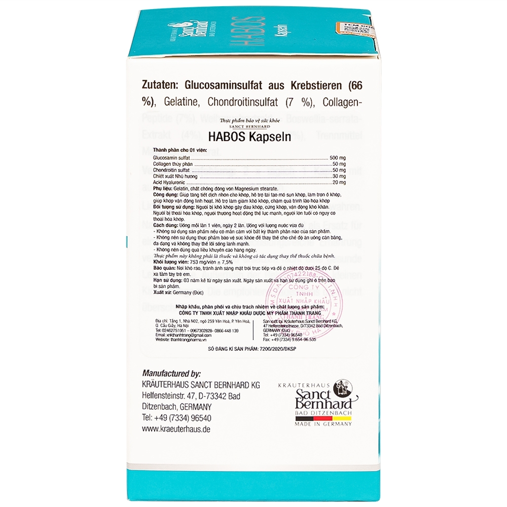 Hình ảnh Viên uống Habos Kapseln Sanct Bernhard tăng tiết dịch nhờn cho khớp, hỗ trợ tái tạo mô sụn khớp (60 viên)