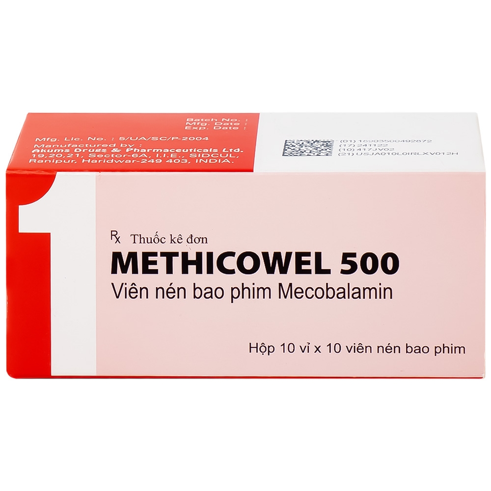 Hình ảnh Thuốc Methicowel 500 Akums điều trị các bệnh lý thần kinh ngoại biên, thiếu máu hồng cầu to (10 vỉ x 10 viên)