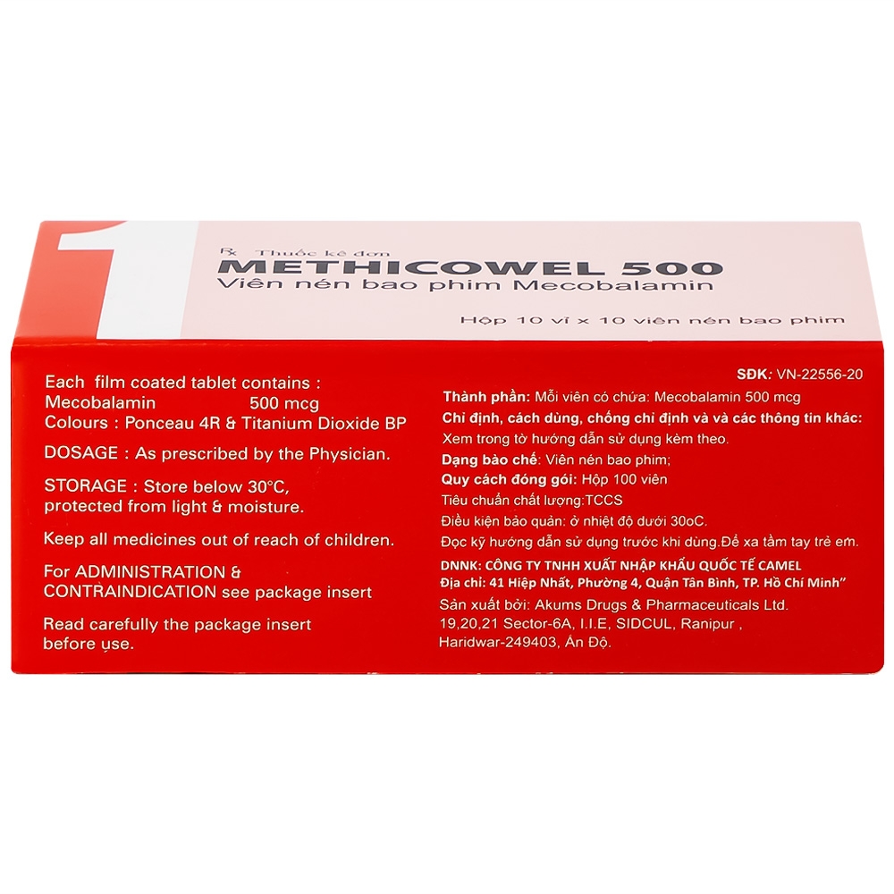 Hình ảnh Thuốc Methicowel 500 Akums điều trị các bệnh lý thần kinh ngoại biên, thiếu máu hồng cầu to (10 vỉ x 10 viên)