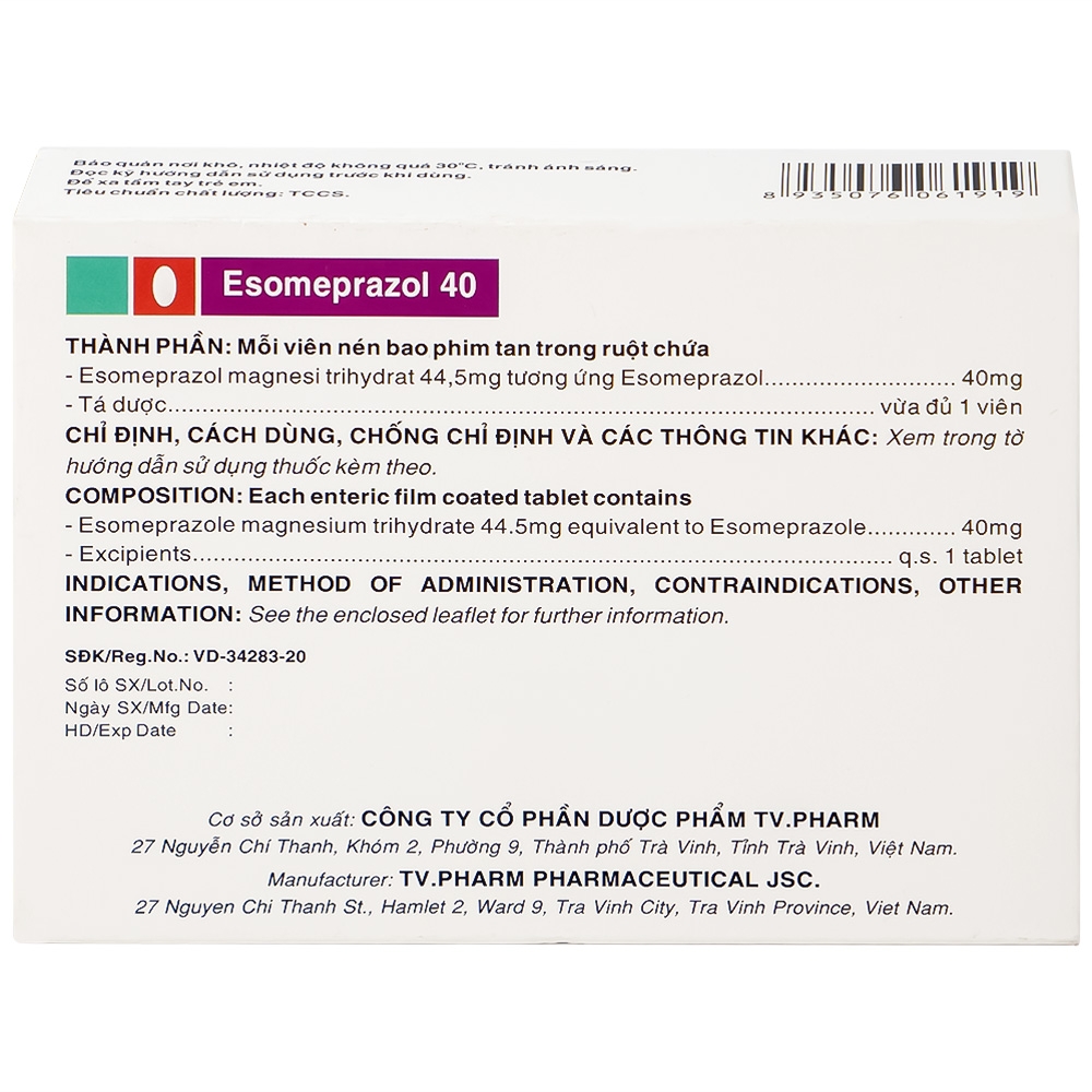 Hình ảnh Thuốc Esomeprazol 40 Tv.Pharm điều trị loét dạ dày, trào ngược dạ dày, thực quản (3 vỉ x 10 viên)