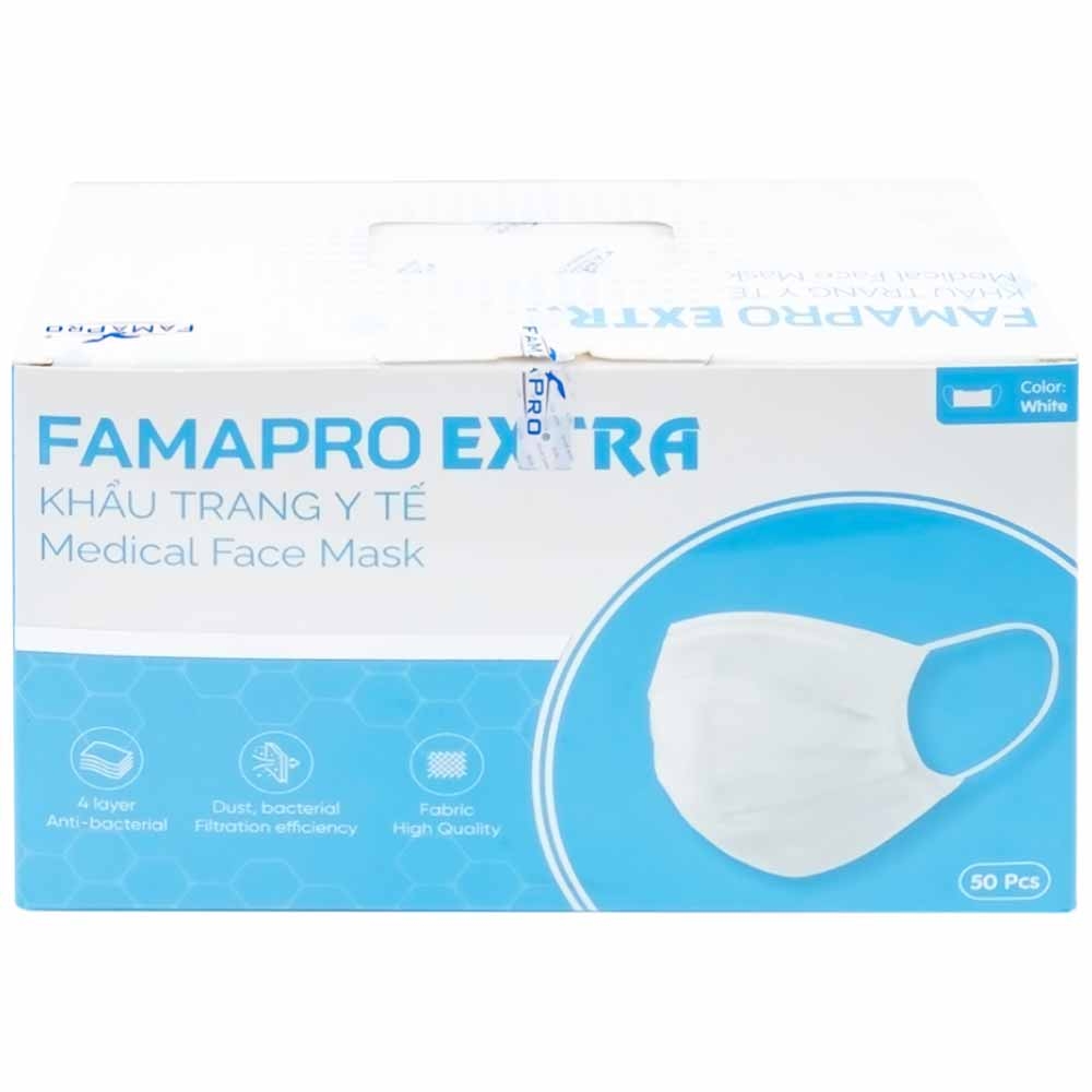 Hình ảnh Khẩu trang y tế Famapro Extra màu trắng 4 lớp hỗ trợ ngăn khói, bụi, kháng khuẩn (50 cái)