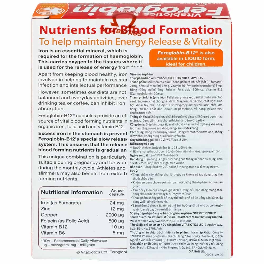 Hình ảnh Viên uống Feroglobin B12 Vitabiotics hỗ trợ tăng khả năng tạo máu, tăng cường sức khỏe (30 viên)