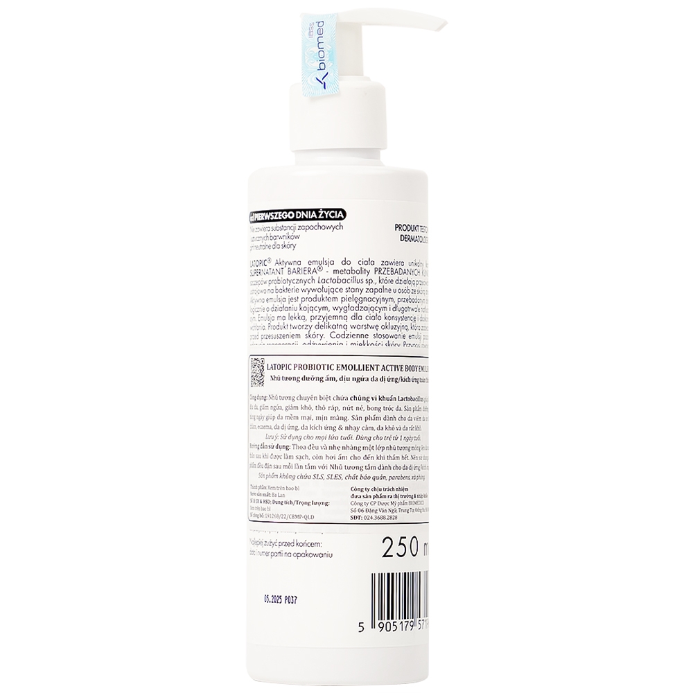 Hình ảnh Nhũ tương Probiotic Emollient Latopic làm dịu da, giảm ngứa, giảm khô (250ml)