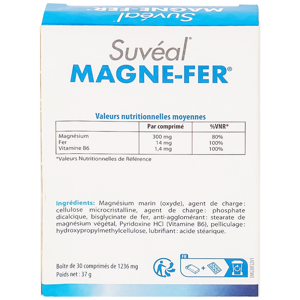 Hình ảnh Thực phẩm bảo vệ sức khỏe Magne-Fer Suvéal Densmore bổ sung magie, vitamin B6 và sắt cho cơ thể (2 vỉ x 15 viên x 37g)