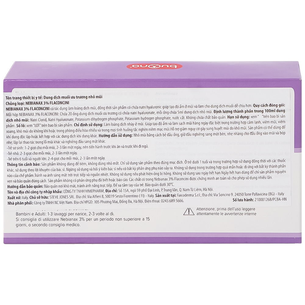 Hình ảnh Dung dịch muối ưu trương nhỏ mũi Buona Nebianax 3% làm loãng dịch nhầy ở mũi (20 ống)