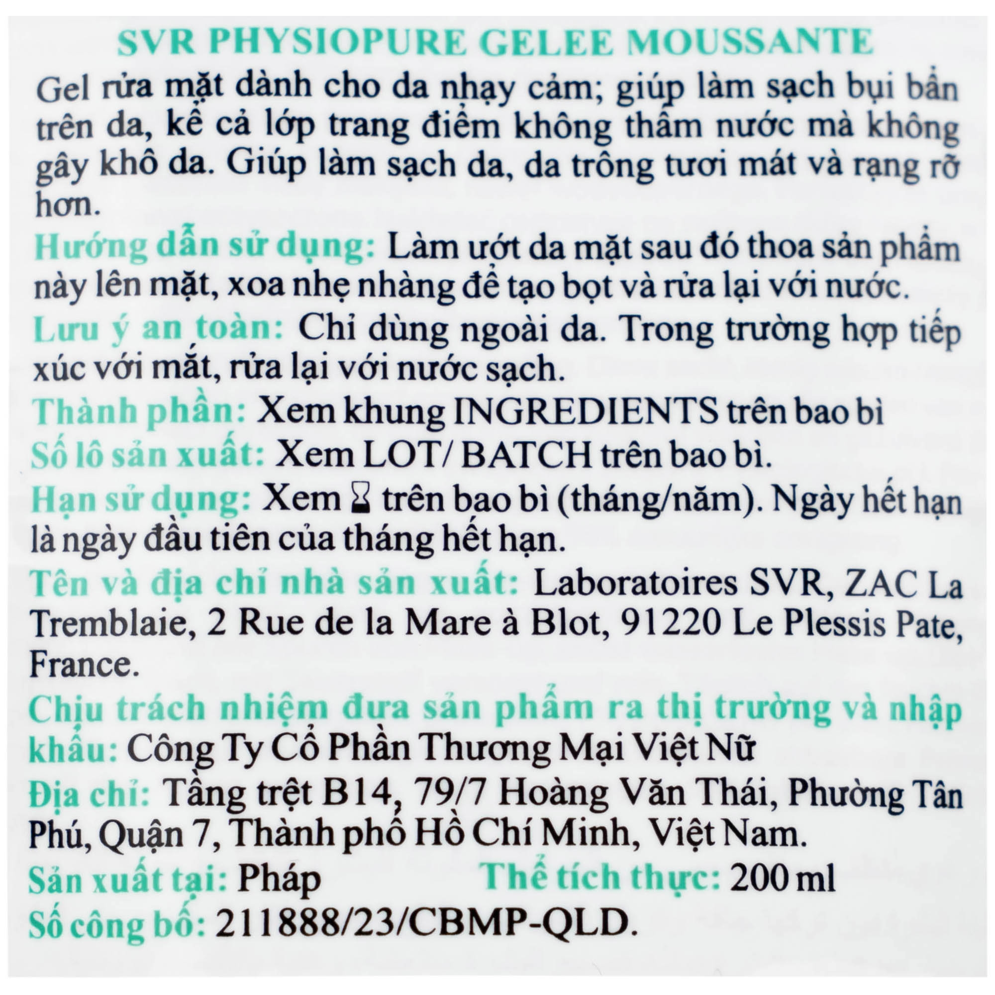 Hình ảnh Gel rửa mặt SVR Physiopure Gelee Moussante dành cho da nhạy cảm (200ml)