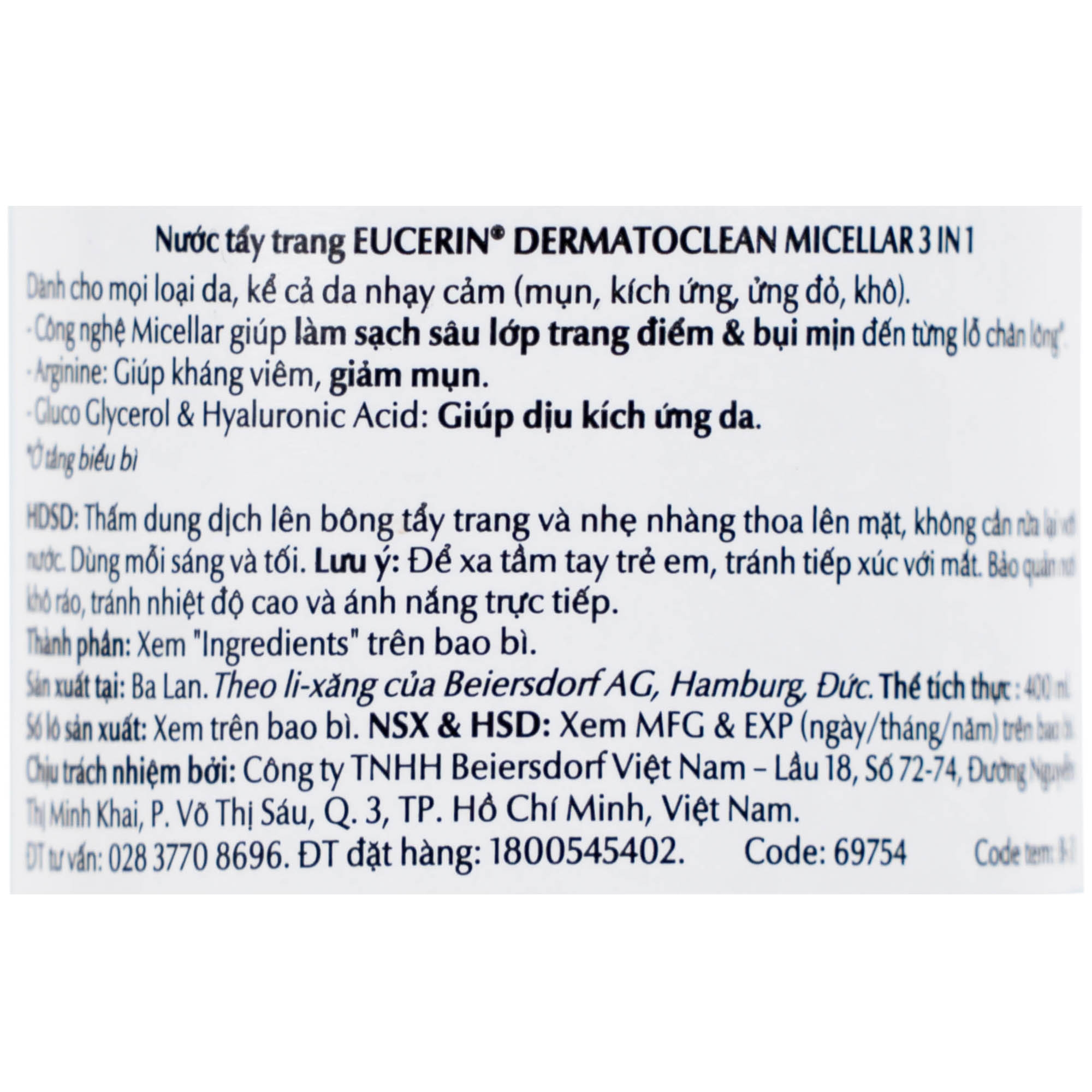 Hình ảnh Nước tẩy trang Eucerin Dermato Clean Micellar 3 in 1 dành cho da nhạy cảm (400ml)