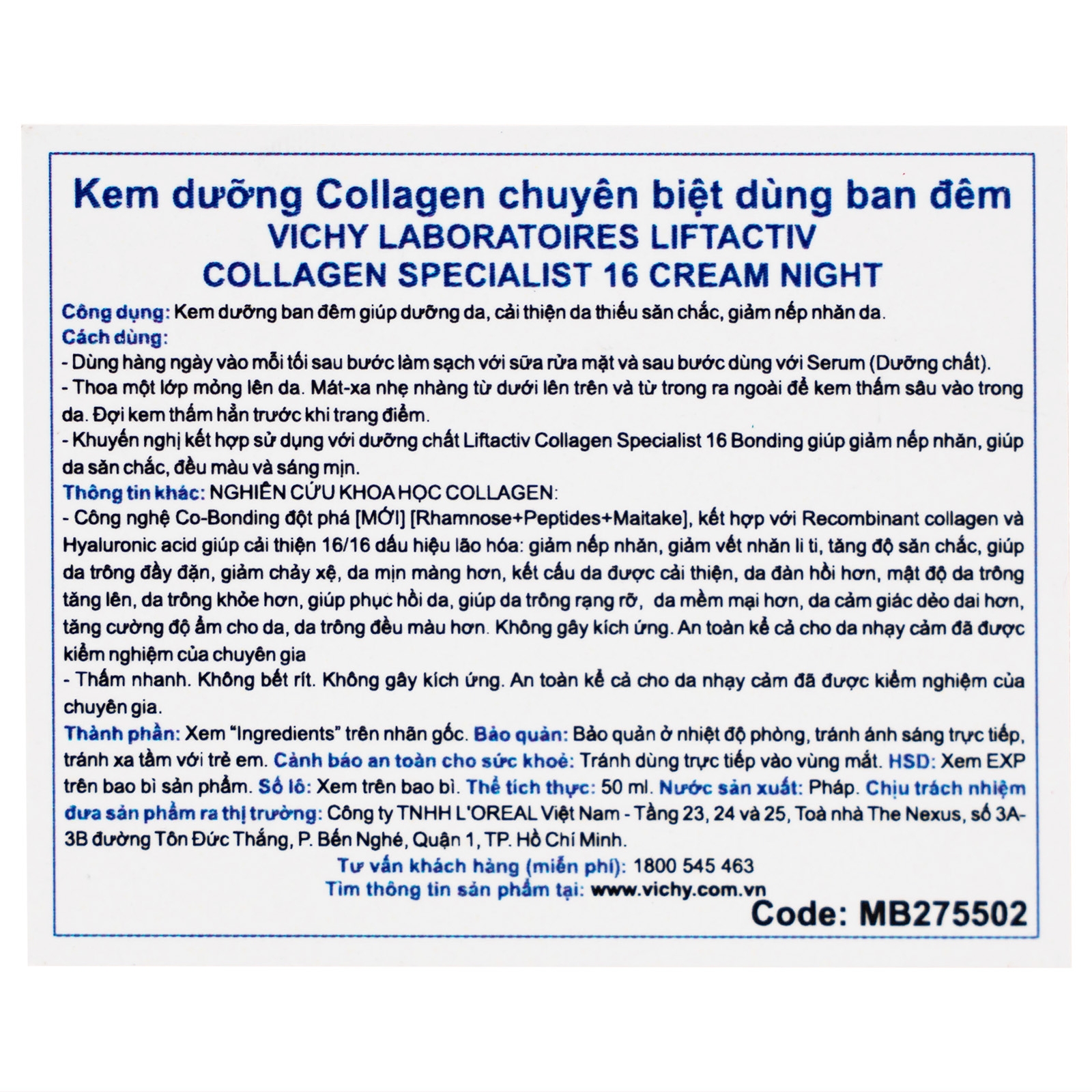 Hình ảnh Kem bôi Vichy Liftactiv Collagen Specialist Night dưỡng sáng, ngừa lão hóa (50ml)