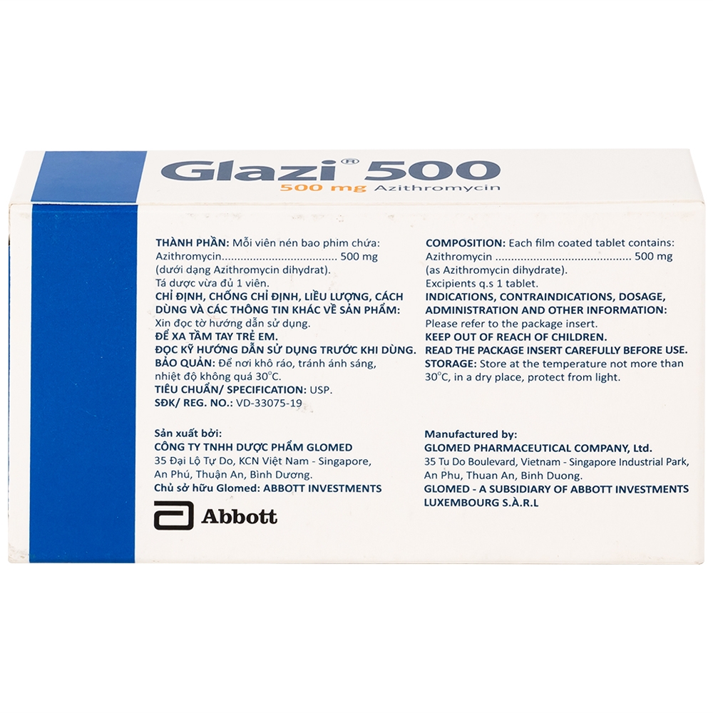Hình ảnh Thuốc Glazi 500 Abbott điều trị viêm xoang cấp, viêm tai giữa cấp, viêm họng, viêm amidan (2 vỉ x 3 viên)