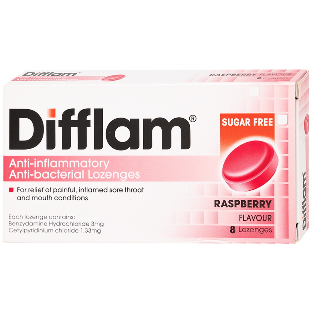 Hình ảnh Viên ngậm kháng viêm Difflam vị quả mâm xôi Unique Pharma hỗ trợ điều trị viêm amidan, đau họng (1 vỉ x 8 viên)