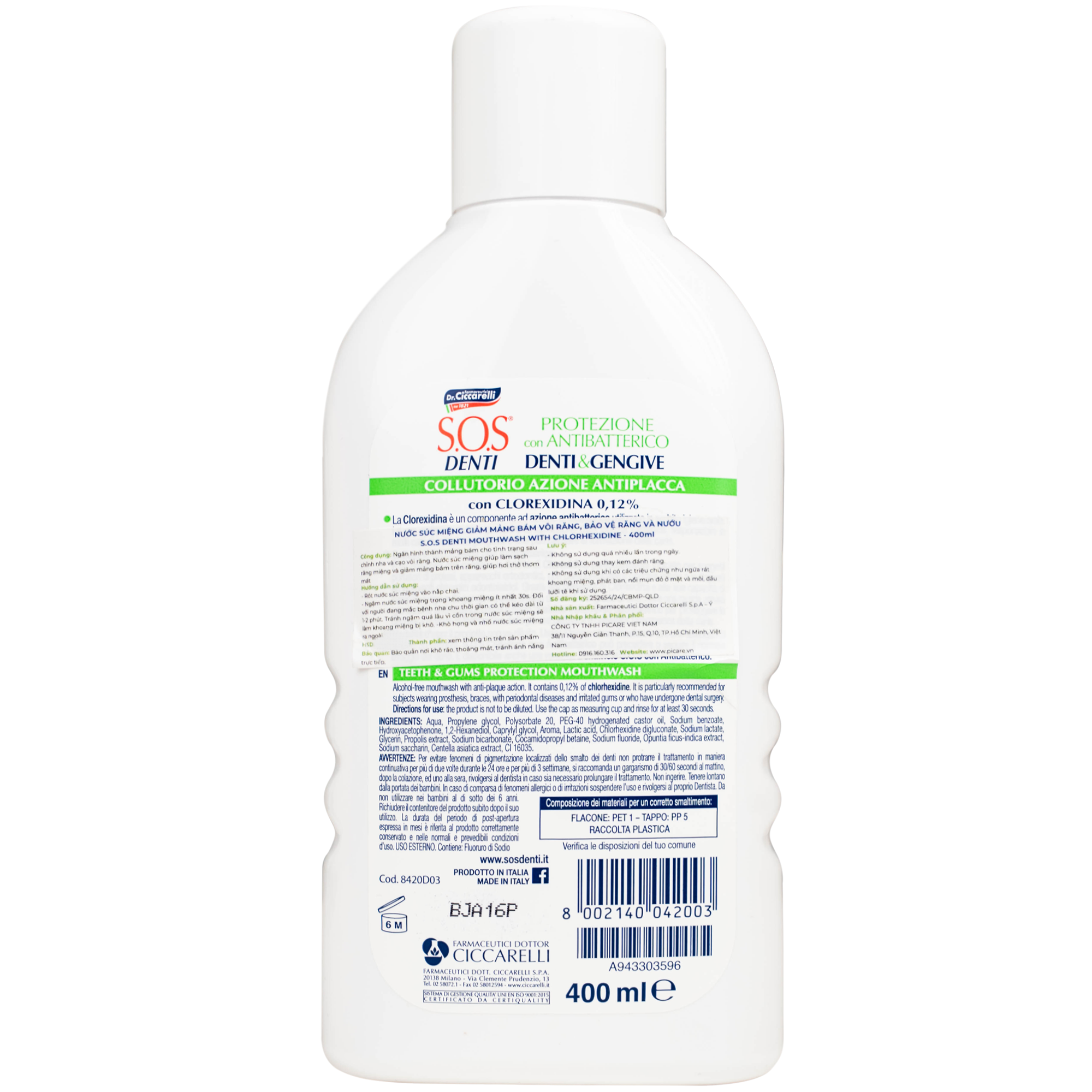 Hình ảnh Nước súc miệng giảm mảng báng, bảo vệ răng nứu Dr.Ciccarelli S.O.S Denti chai 400ml