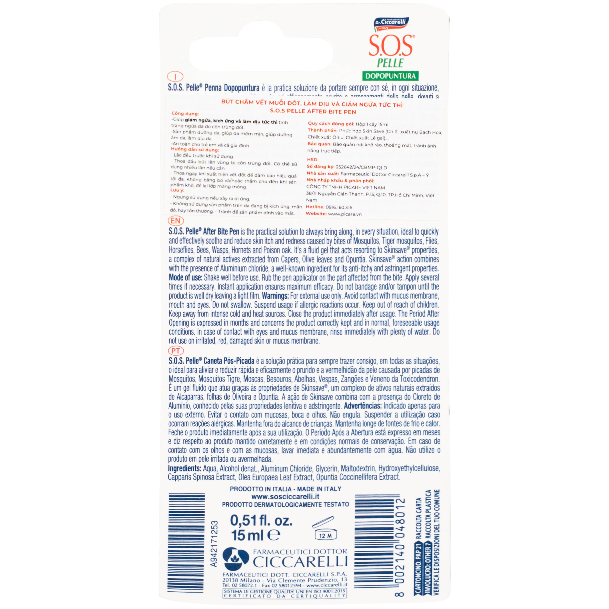 Hình ảnh Bút chấm vết đốt muỗi, côn trùng Dr.Ciccarelli S.O.S Pelle After Bite Pen giúp làm dịu và giảm ngứa tức thì (15ml)