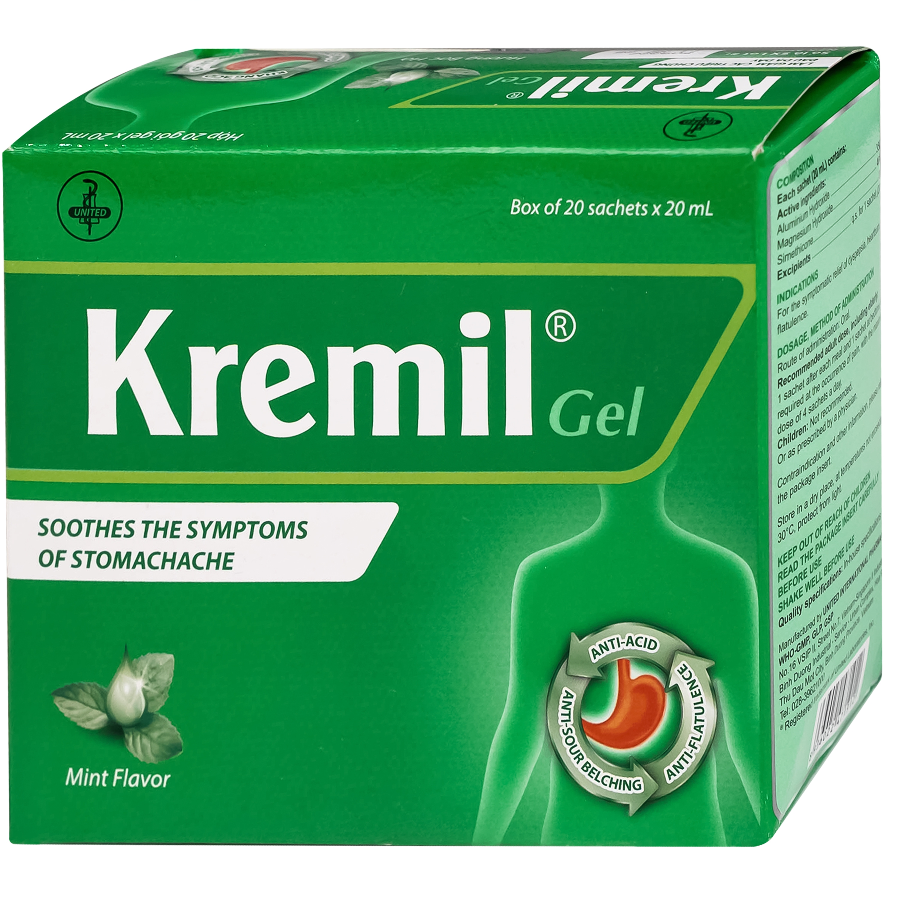 Hình ảnh Thuốc Kremil Gel Bạc Hà United làm giảm các triệu chứng như khó tiêu, ợ nóng, đầy hơi (20 gói x 20ml)