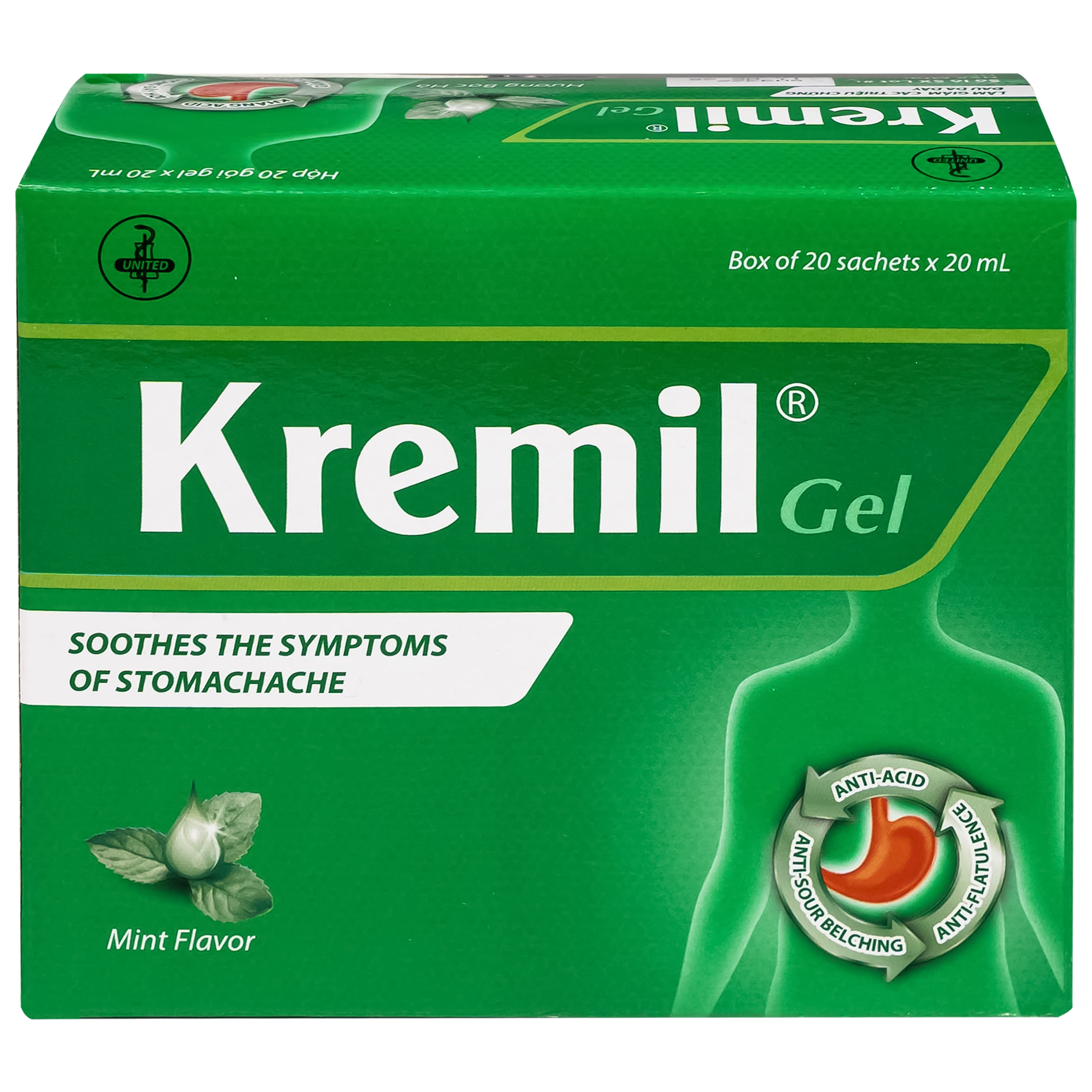 Hình ảnh Thuốc Kremil Gel Bạc Hà United làm giảm các triệu chứng như khó tiêu, ợ nóng, đầy hơi (20 gói x 20ml)