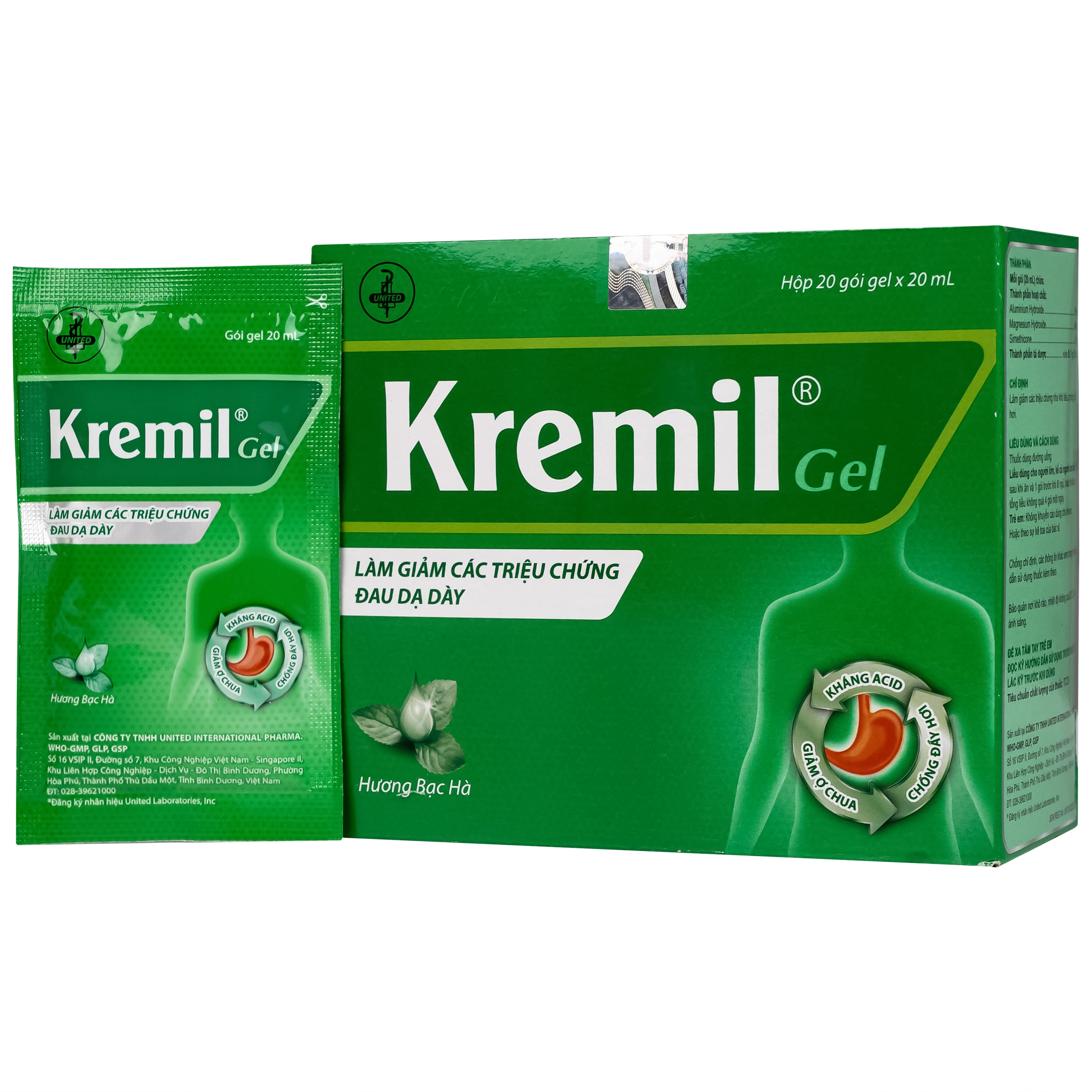 Hình ảnh Thuốc Kremil Gel Bạc Hà United làm giảm các triệu chứng như khó tiêu, ợ nóng, đầy hơi (20 gói x 20ml)