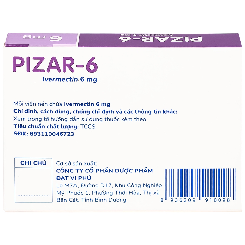 Hình ảnh Viên nén Pizar-6 DaViPharm điều trị các bệnh nhiễm giun lươn, giun chỉ (1 vỉ x 4 viên)