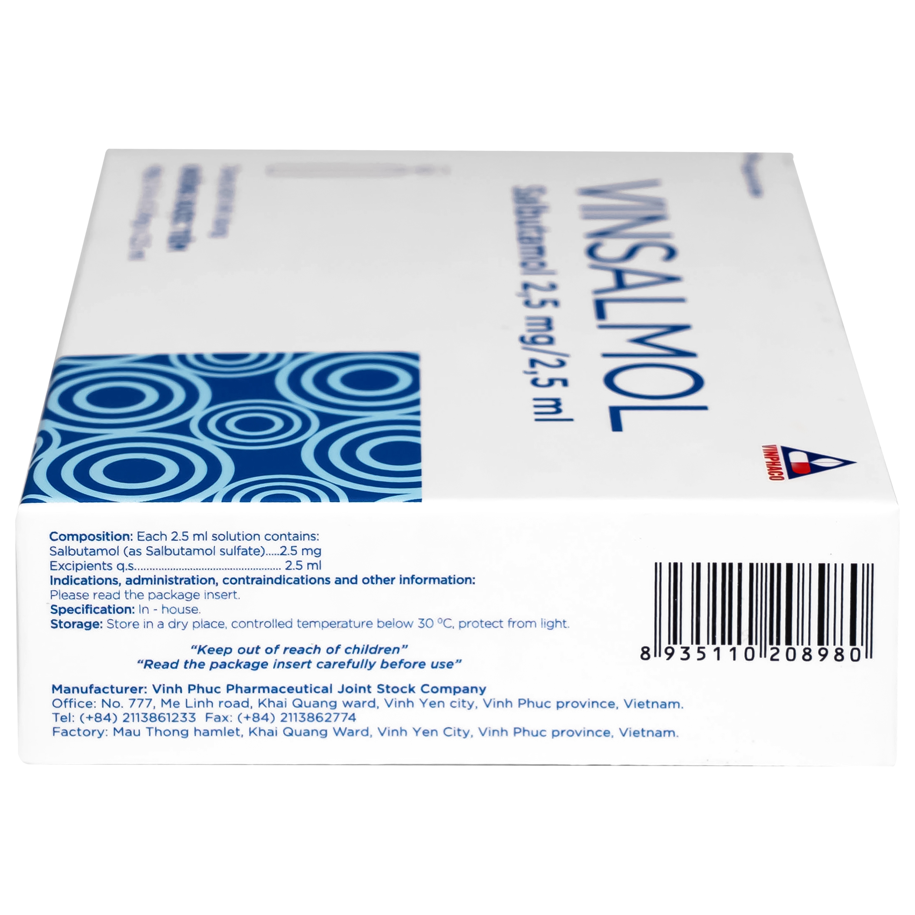 Hình ảnh Thuốc Vinsalmol 2.5mg/2.5ml Vinphaco hỗ trợ kiểm soát co thắt phế quản mạn, hen ác tính (2 vỉ x 5 ống)
