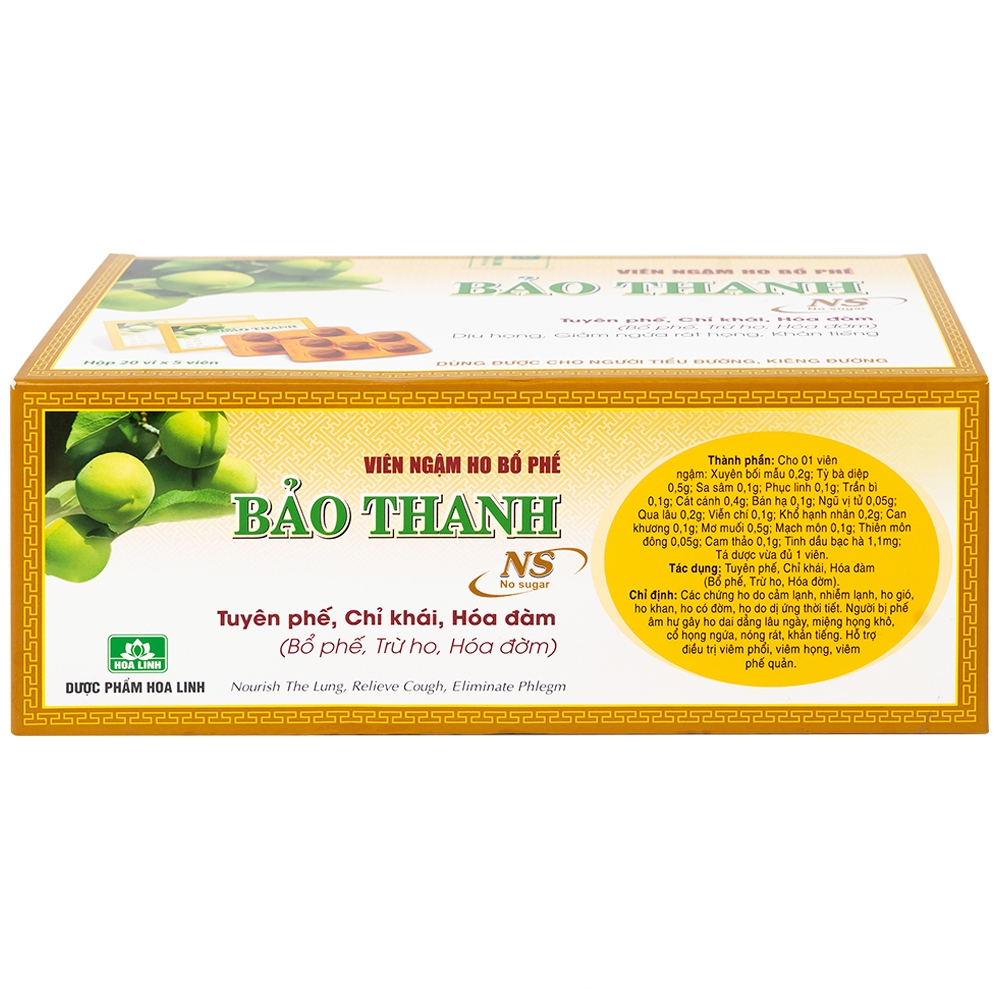 Hình ảnh Viên ngậm ho bổ phế Bảo Thanh không đường dùng giảm các chứng ho do cảm lạnh, nhiễm lạnh (20 vỉ x 5 viên)