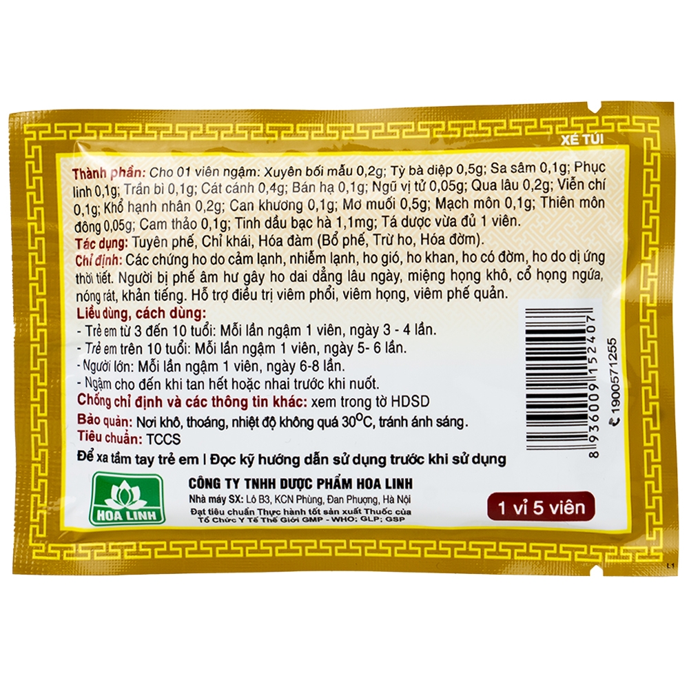 Hình ảnh Viên ngậm ho bổ phế Bảo Thanh không đường dùng giảm các chứng ho do cảm lạnh, nhiễm lạnh (20 vỉ x 5 viên)