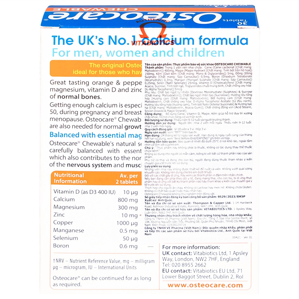 Hình ảnh Viên nén nhai Osteocare chewable Vitabiotics hỗ trợ duy trì xương chắc khoẻ (3 vỉ x 10 viên)