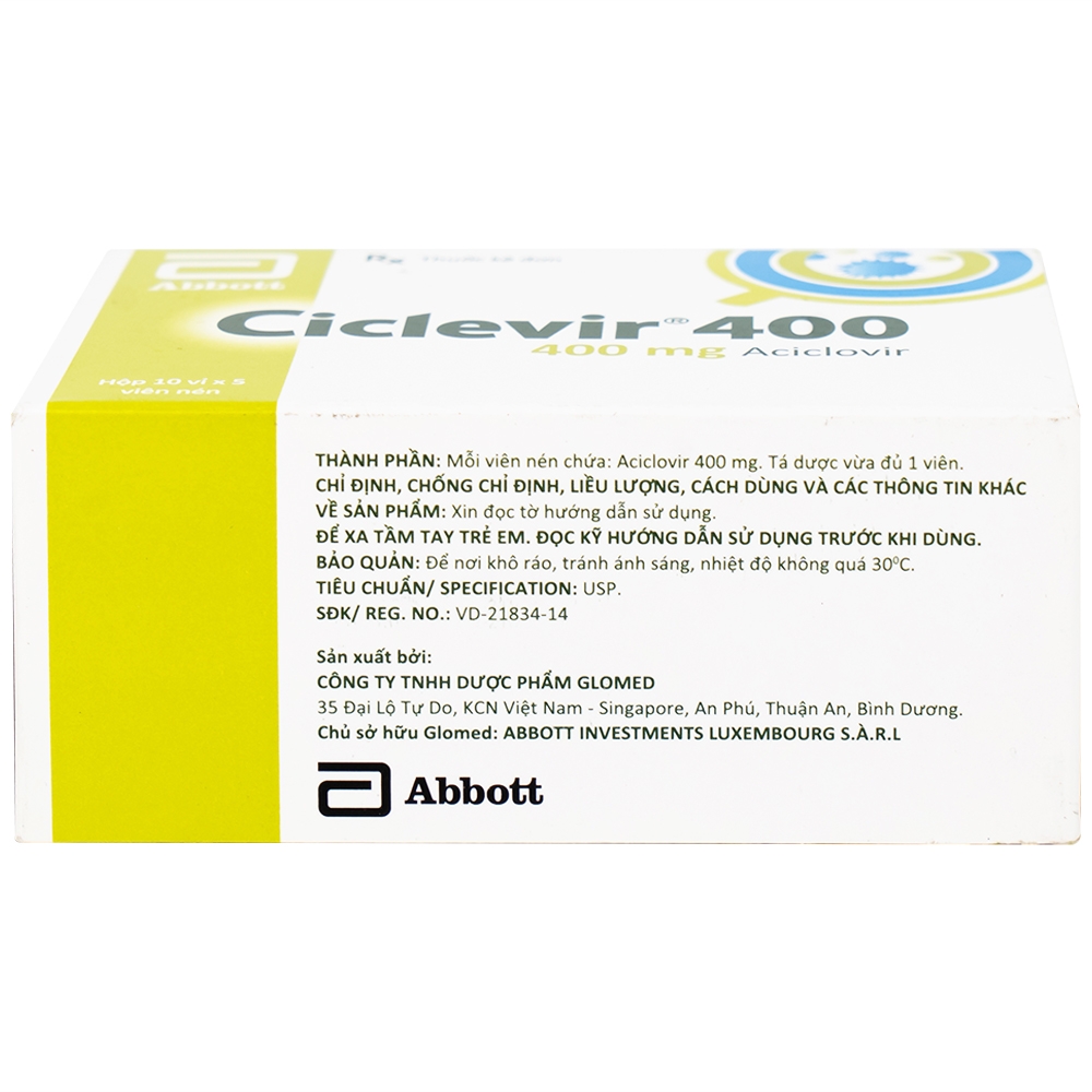 Hình ảnh Thuốc Ciclevir 400mg Abbott điều trị nhiễm virus Herpes simplex tuýp 1 và 2 (10 vỉ x 5 viên)