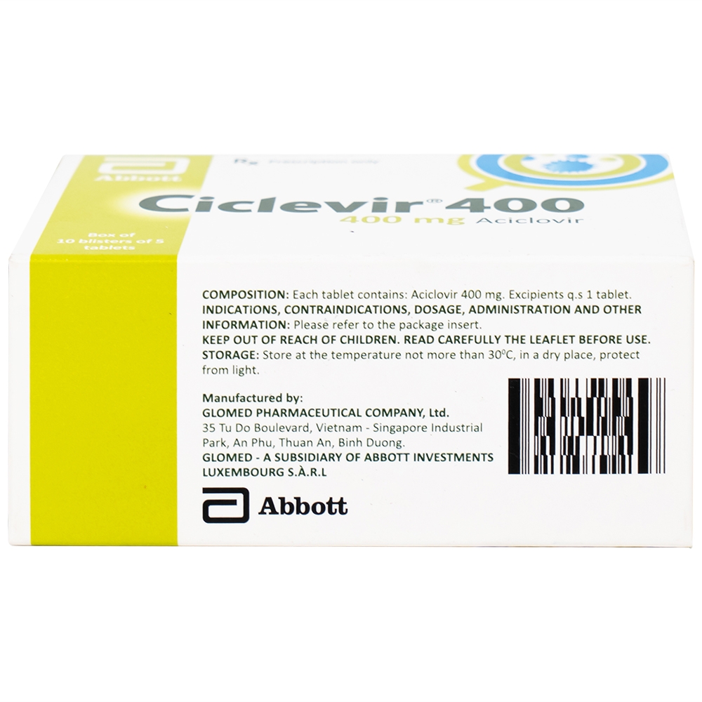 Hình ảnh Thuốc Ciclevir 400mg Abbott điều trị nhiễm virus Herpes simplex tuýp 1 và 2 (10 vỉ x 5 viên)