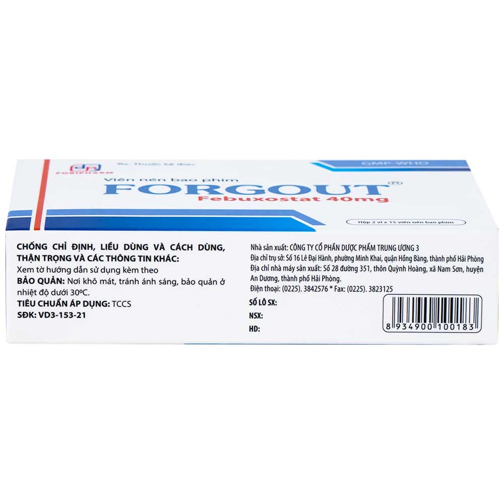 Hình ảnh Thuốc Forgout 40mg TW3 điều trị tăng acid uric mạn tính, viêm khớp do gout (2 vỉ x 15 viên)